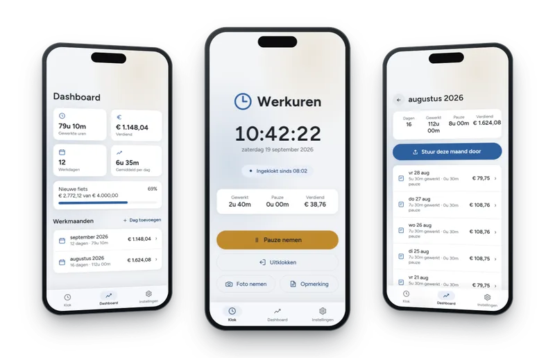 Werkuren op drie telefoons: dashboard, klokscherm en maandoverzicht